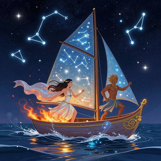 Digital fantasy artwork: A woman with flowing black hair, in a white dress, and a shirtless blond man, sail a star-patterned boat with