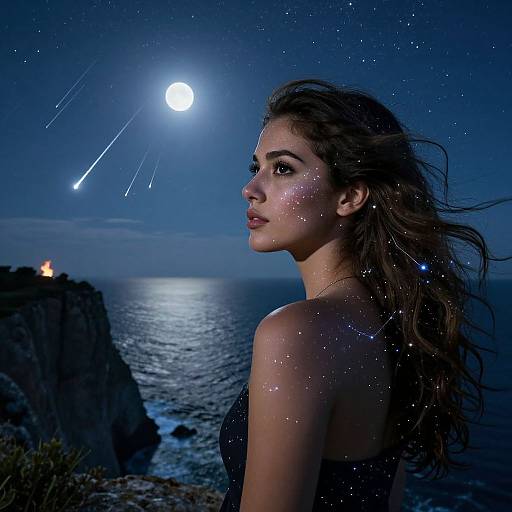 Photograph of a beautiful woman with glowing skin and long brown hair, gazing at a bright moon and shooting stars over a dark, rocky ocean at