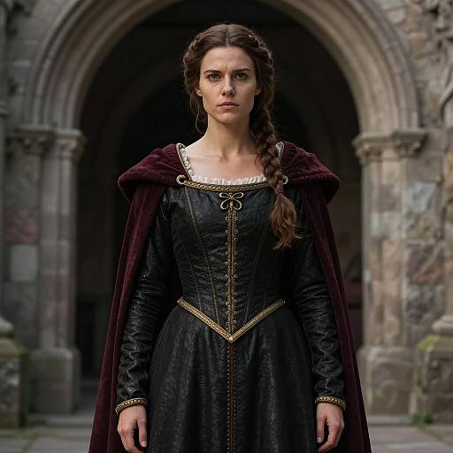 Woman in Dark Medieval Dress with Maroon Cape