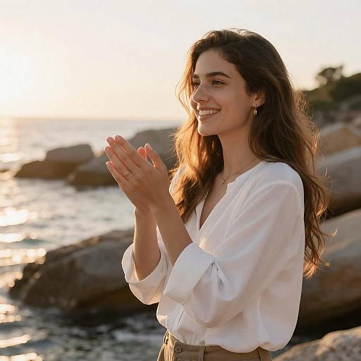 Smiling Woman by Sunlit Ocean Rocks