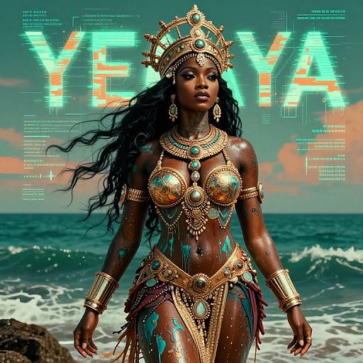 Photograph of a dark-skinned, African queen with long black hair, wearing gold and turquoise traditional jewelry, standing on a rocky beach with ocean waves