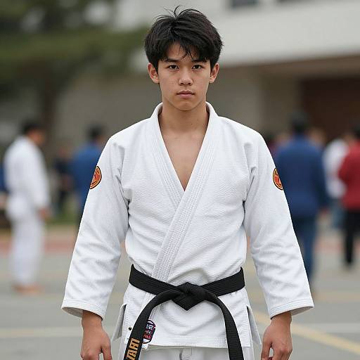 Photograph of a serious young Asian male martial artist in a white gi with black belt, standing in a blurred outdoor dojo.