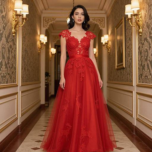 Photograph of a dark-haired woman in a red, lace-embellished, floor-length gown, standing in an ornate, patterned hallway
