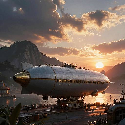 Steampunk Airship Harbor Sunset