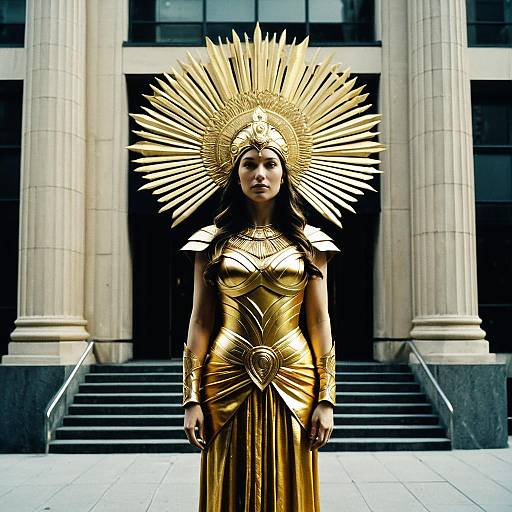 Photograph of a woman in a gold, ornate dress and radiant sun crown, standing in front of grand, classical architecture.