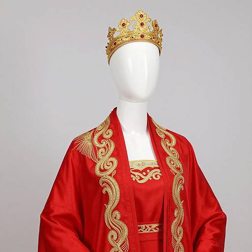 Mannequin in red, gold-embroidered robe and ornate gold crown, white face, plain background. Photograph with bright lighting.