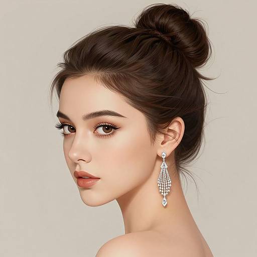 Digital portrait of a fair-skinned woman with dark brown hair in an elegant bun, wearing long, dangling silver earrings, looking over her shoulder with subtle