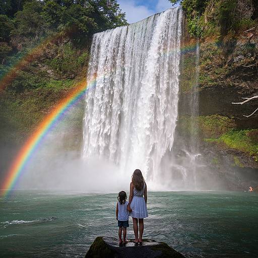 Photograph of a young girl and boy standing on a rock, facing a towering waterfall with a rainbow arching over it. Both wear white clothes;