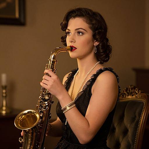 Vintage-style photograph of a fair-skinned woman with dark, wavy hair playing a golden saxophone, wearing a black, sequined dress and red