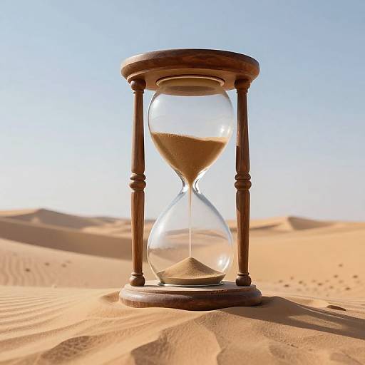 Photograph of a wooden hourglass on a sunlit desert sand dune, with fine sand trickling through the clear glass.