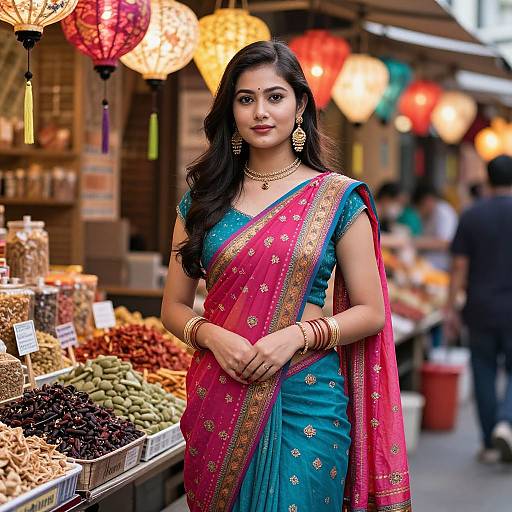 Photograph of a beautiful Indian woman in a vibrant blue and pink traditional saree, standing in a colorful market stall with hanging lanterns and various dried