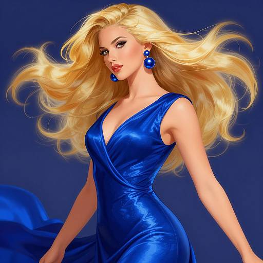 Digital illustration of a blonde woman with flowing hair, wearing a shimmering blue dress and matching blue earrings, against a dark blue background.