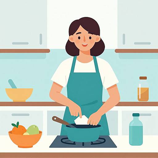 Digital illustration of a smiling woman with black hair, wearing a white shirt and blue apron, cooking in a bright kitchen. She stirs a pot
