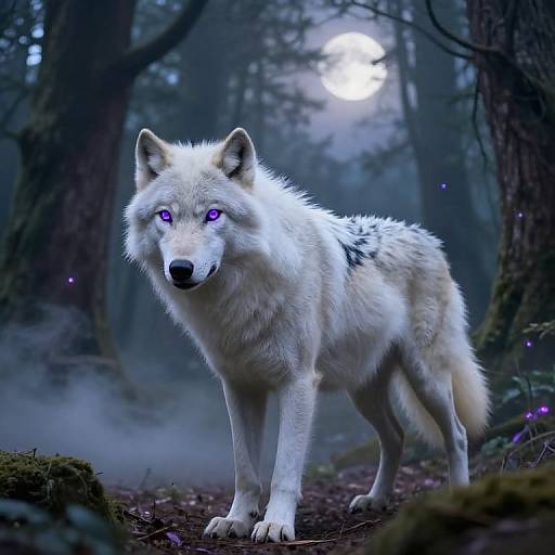 Digital art of a glowing white wolf with purple eyes in a misty, moonlit forest, surrounded by dark trees and purple fireflies.