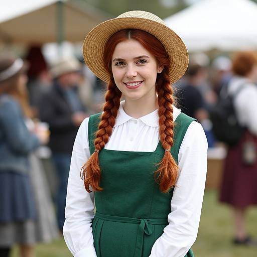 Photograph of a smiling young woman with red braids, wearing a green pinafore dress, white shirt, and straw hat, standing outdoors at