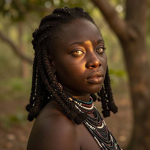 Photograph of a dark-skinned African woman with braided hair, adorned in multiple black and white beaded necklaces, gazing intently into