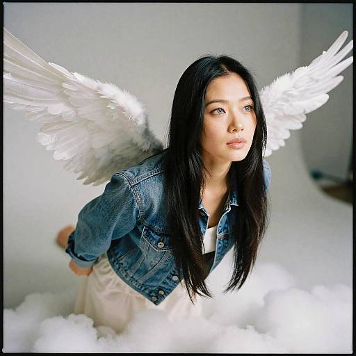 Photograph of a young Asian woman with long black hair, wearing a denim jacket and white dress, with white angel wings, floating among fluffy white clouds