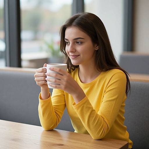 Photograph of a smiling young woman with long dark hair, wearing a yellow long-sleeve shirt, holding a white mug, seated at a wooden