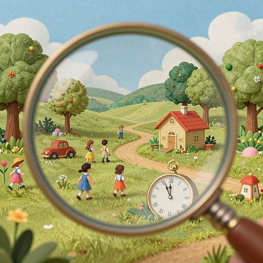 Digital illustration: A magnifying glass reveals a colorful, whimsical countryside scene with children, a red car, a wooden house, and a clock,
