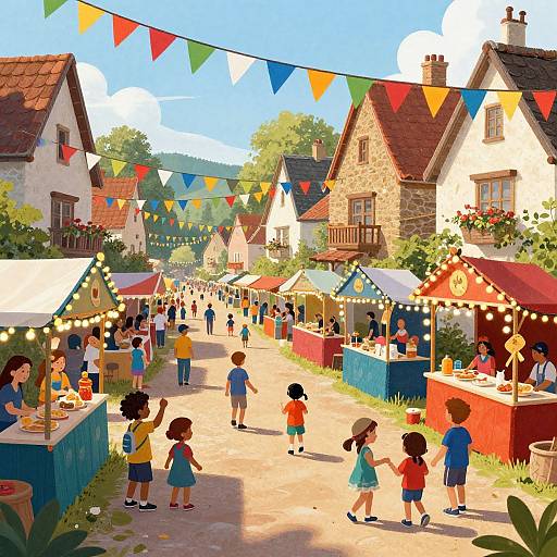 Colorful digital illustration of a bustling village market with children, stalls, bunting, and stone houses under a bright blue sky.