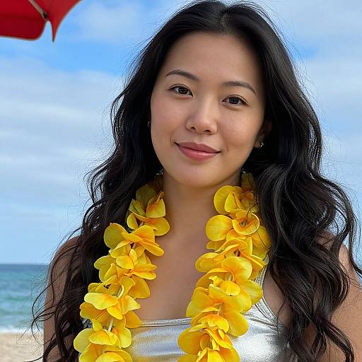 Photograph of an Asian woman with long black hair, wearing a yellow flower lei and silver top, smiling on a beach with blue sky and ocean in