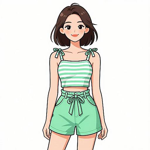 Digital anime-style drawing of a smiling young woman with shoulder-length brown hair, wearing a green and white striped crop top and mint green high-waisted