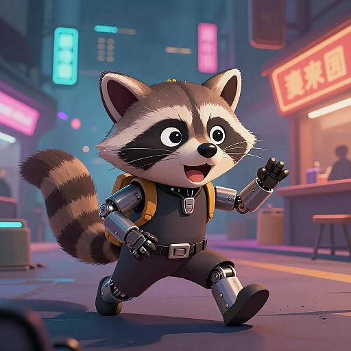Robotic Raccoon Thief in Cyberpunk Marketplace