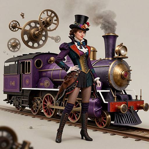 Steampunk-style photograph of a confident woman in a Victorian outfit, top hat, and fishnet stockings, standing beside a purple steam locomotive with