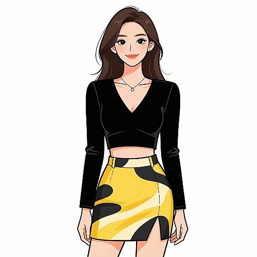 Digital drawing of a smiling Asian woman with long brown hair, wearing a black long-sleeve crop top and yellow cowprint skirt.