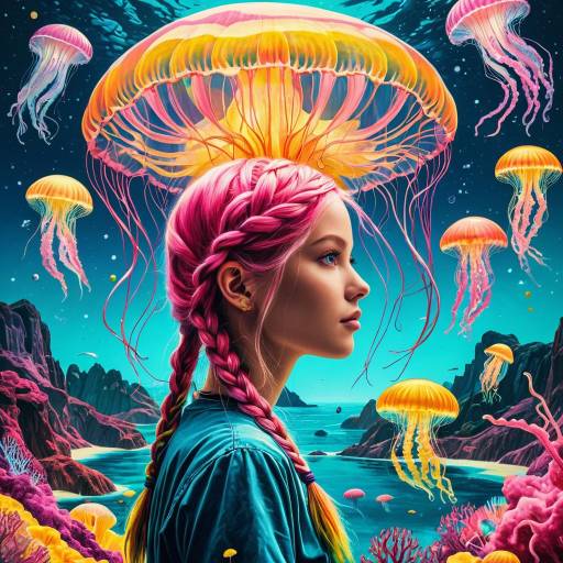 Surreal Girl with Braided Hair and Jellyfish