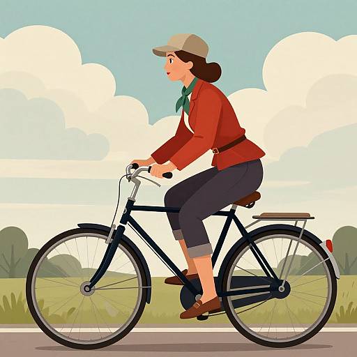 Digital illustration of a woman with brown hair, wearing a red jacket, green scarf, and beige hat, riding a black bicycle on a road, with