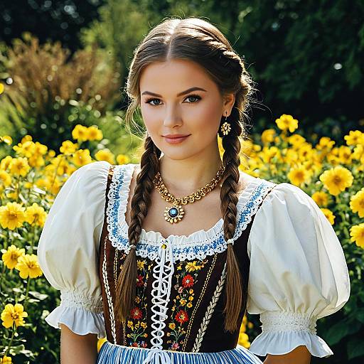 Young Woman in Traditional Bavarian Dress in Garden
