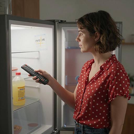 Woman Holding Remote in Front of Open Refrigerator