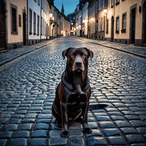 Brown Hanoverian Dog Sitting on Old European Cobbled Street