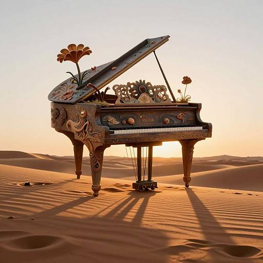 Surreal Floating Piano in Dreamscape Desert