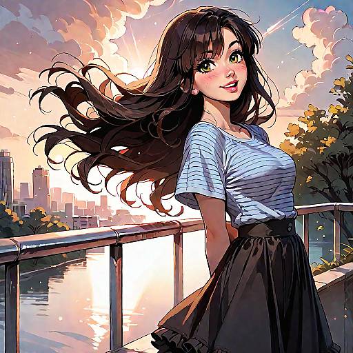 Digital anime-style drawing of a smiling young woman with long black hair, wearing a striped shirt and black skirt, standing on a sunset-lit bridge with