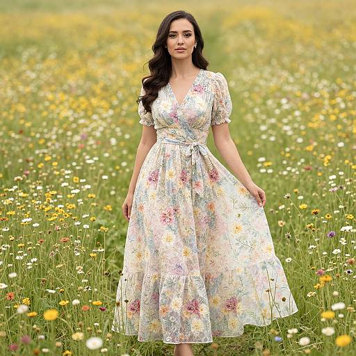 Photograph of a young woman with long dark hair, wearing a white floral dress, standing in a vibrant meadow filled with yellow and white wildflowers