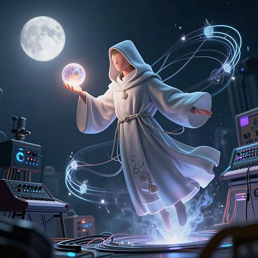 Digital art of a hooded figure in white robe, floating on a glowing circle, holding a glowing orb under a full moon, surrounded by magical energy