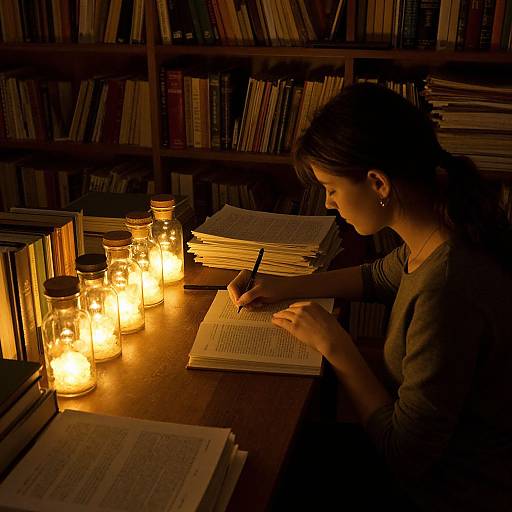 Photograph of a woman with dark hair, wearing a gray sweater, writing in an open book by warm, glowing jar lights in a dimly lit