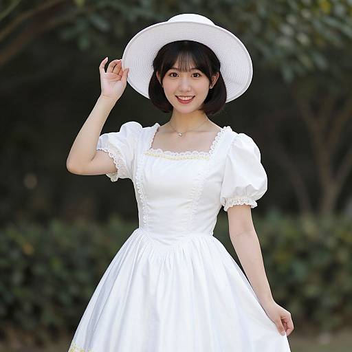 Photograph of a smiling Asian woman with short black hair, wearing a white lace-trimmed dress and wide-brimmed hat, standing outdoors in
