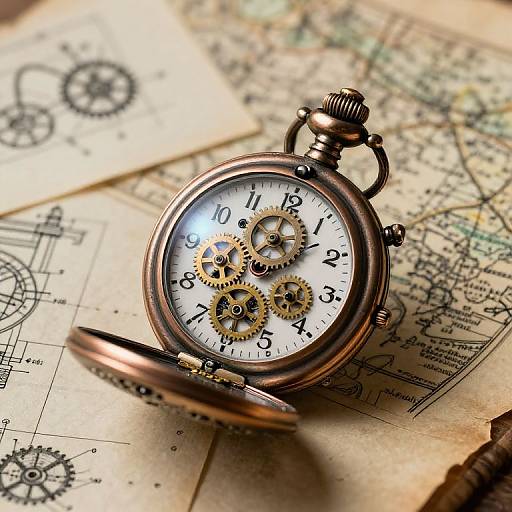 Vintage bronze pocket watch with exposed gears on antique map, detailed mechanical dials, and worn parchment background, evoking a steampunk aesthetic.