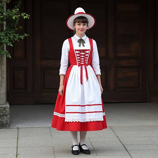 Photograph of a young woman in a red and white traditional Polish dress, white bonnet, black shoes, standing on a tiled porch.
