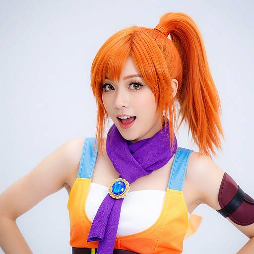 Digital artwork of a smiling anime-style woman with orange hair in a ponytail, wearing an orange and white top, purple scarf, blue straps, and