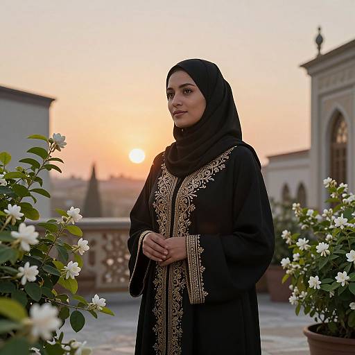 Photograph of a young woman in a black hijab and ornate black abaya standing amidst white flowers at sunset, with a blurred architectural background.