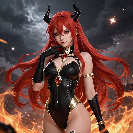 Digital artwork of a red-haired demon woman with black horns, wearing a black leather bodysuit with gold accents, standing in front of flames under a