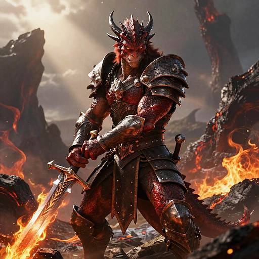Red Dragonborn Fighter in Fiery Battleground