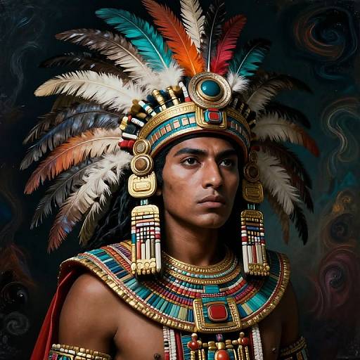 Photograph of a dark-skinned man in intricate Native American-style headdress with colorful feathers, gold and turquoise jewelry, and red and blue patterns,