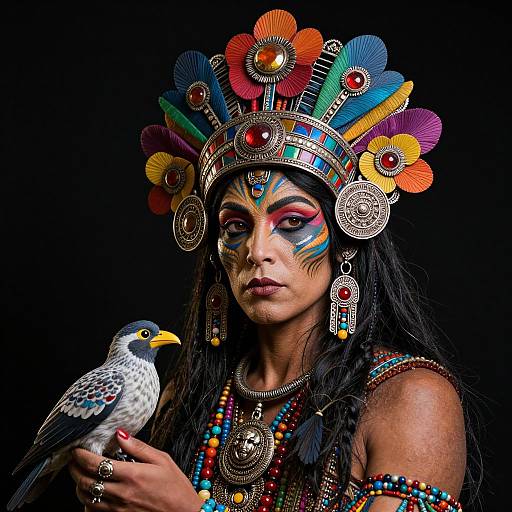 Photograph of a woman with dark skin, colorful feather headdress, bold face paint, and beaded jewelry, holding a toucan against a black