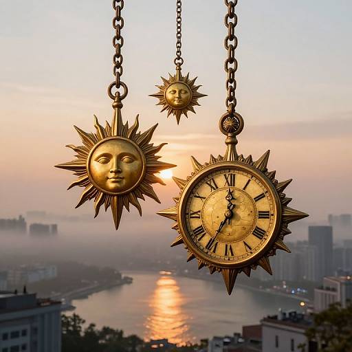 Photograph of golden sun and clock pendants hanging against a sunset over a city skyline with a river reflecting the sun.