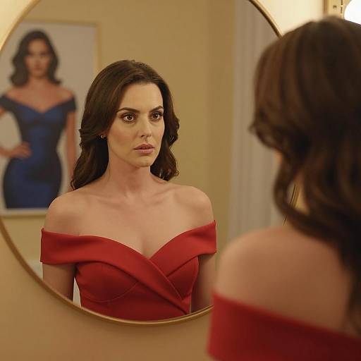 Woman in Red Dress Looking in Mirror